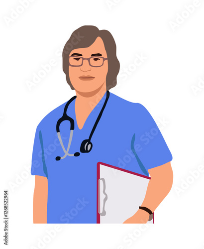 Female doctor. Portrait of confident mature woman medic worker in uniform with stethoscope and tablet. Flat cartoon vector realistic illustration isolated on white background.