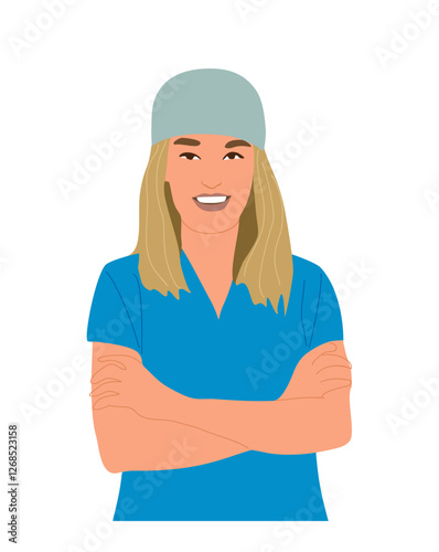 Smiling young female doctor, nurse. Portrait of blonde girl medic worker in uniform scrub and hat. Flat cartoon vector realistic illustration isolated on white background.