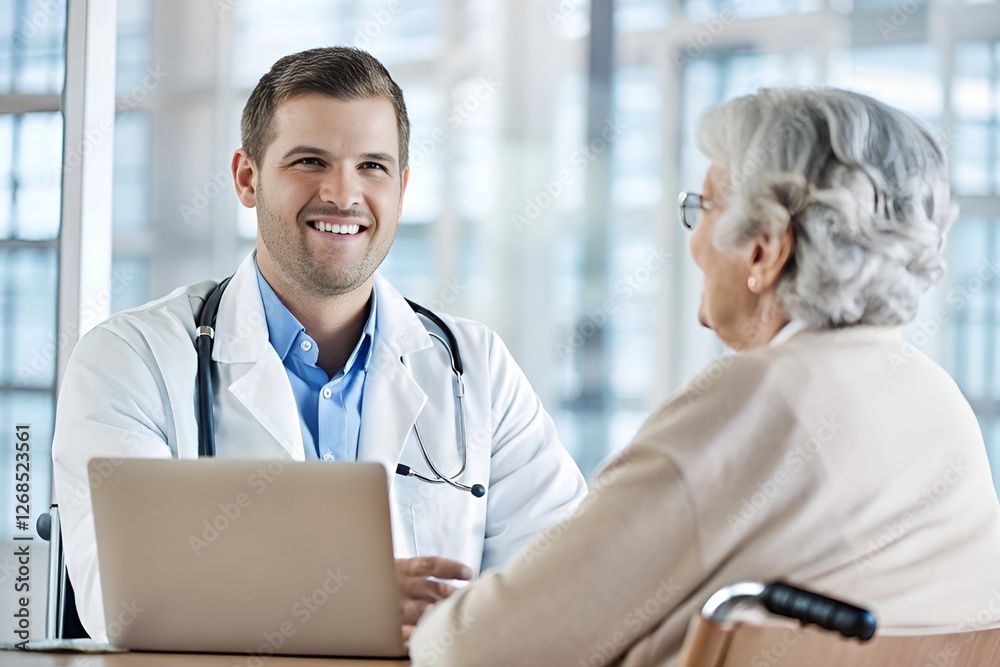 Fototapeta premium Caring Young Doctor Consulting Elderly Woman in Wheelchair in a Bright Medical Office