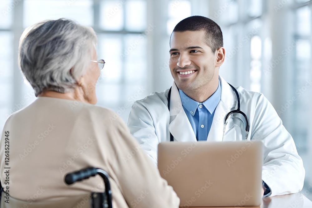 Caring Young Doctor Consulting Elderly Woman in Wheelchair in a Bright Medical Office Caring Young Doctor Consulting Elderly Woman in Wheelchair in a Bright Medical Office