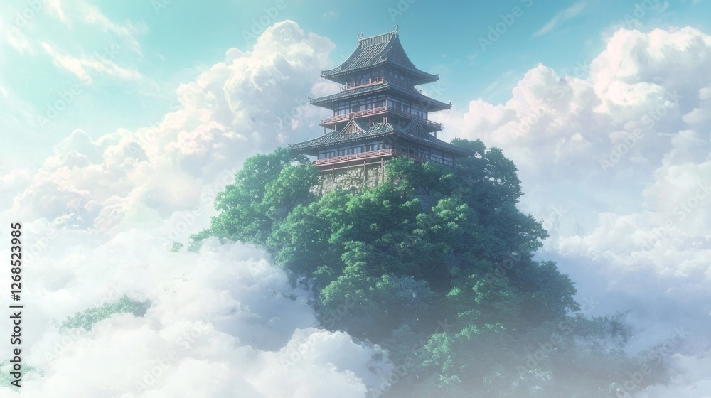 Mystical Japanese Landscape with Floating Castle and Clouds Mystical Japanese Landscape with Floating Castle and Clouds