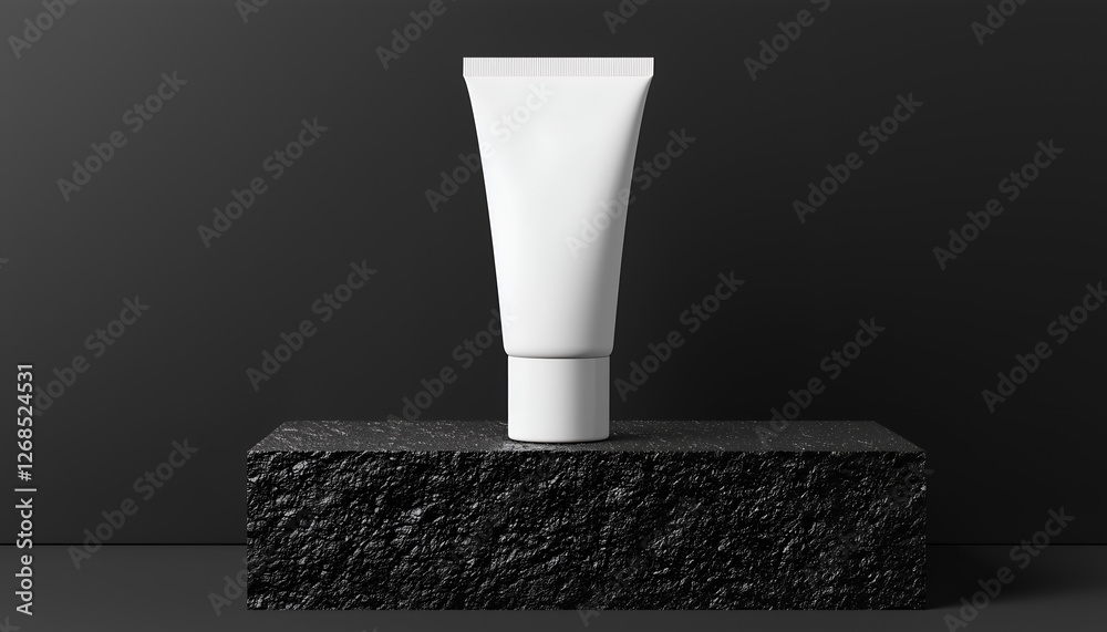 A minimalist white tube of cream rests on a textured black block against a dark background, highlighting contemporary design and simplicity. A minimalist white tube of cream rests on a textured black block against a dark background, highlighting contemporary design and simplicity.