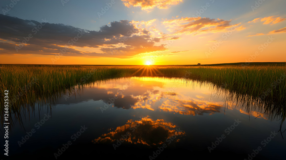 Fototapeta premium Sunset Reflection in a Calm Field