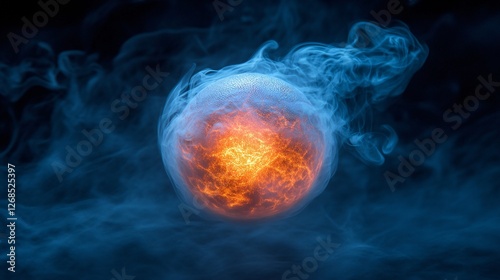 Levitating Basketball Surrounded by Swirling Mist and Glowing Energy in Dark Atmosphere