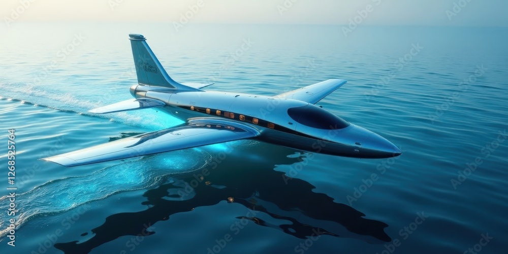 Fototapeta premium Sleek silver aircraft skimming across tranquil ocean surface, leaving a luminous wake