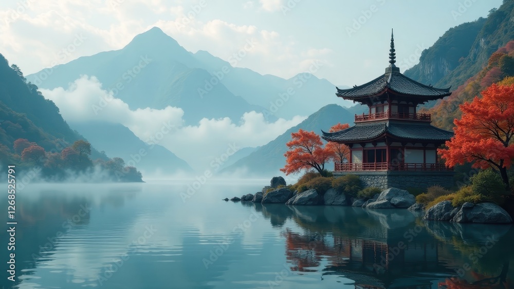 Serene Pagoda on Misty Lake Surrounded by Autumnal Foliage and Majestic Mountains Serene Pagoda on Misty Lake Surrounded by Autumnal Foliage and Majestic Mountains