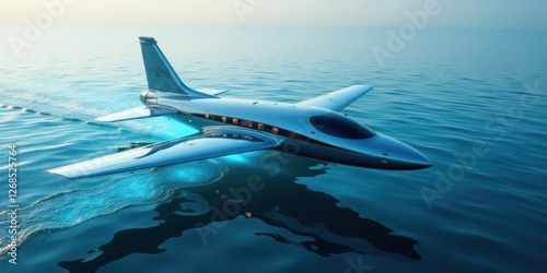 Wallpaper Mural Sleek silver aircraft skimming across tranquil ocean surface, leaving a luminous wake Torontodigital.ca