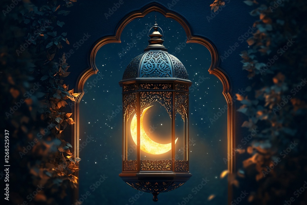 An ornate lantern illuminating a crescent moon in a serene starry night, perfect for Ramadan greeting cards or Islamic art designs. An ornate lantern illuminating a crescent moon in a serene starry night, perfect for Ramadan greeting cards or Islamic art designs.