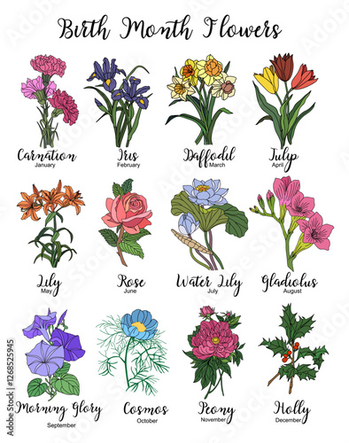 Set of birth month flowers colorful vector illustrations isolated on transparent background. Carnation, rose, lily, gladiolus, peony, holly, iris hand drawn design for logo, tattoo, packaging.
