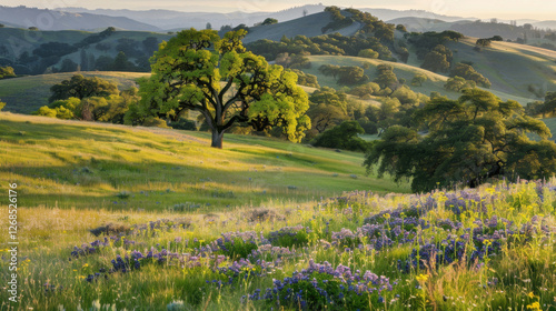 Wallpaper Mural serene landscape featuring rolling hills, vibrant green trees, and blooming wildflowers under golden sunset. scene evokes tranquility and natural beauty Torontodigital.ca