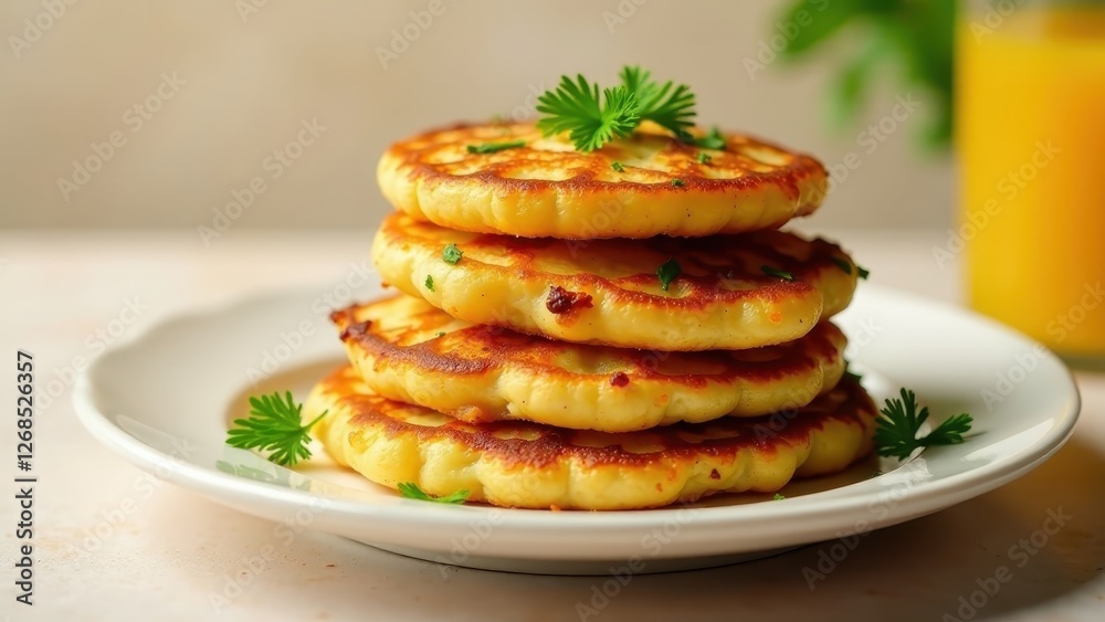A stack of golden-brown potato pancakes, garnished with fresh herbs, sits on a white plate, ready to be enjoyed.
