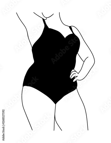 Line art vector illustration of curvy woman in underwear. Plus size girl in bikini Body positive abstract minimalist drawing for wall art, poster, card, logo. Isolated on white background.