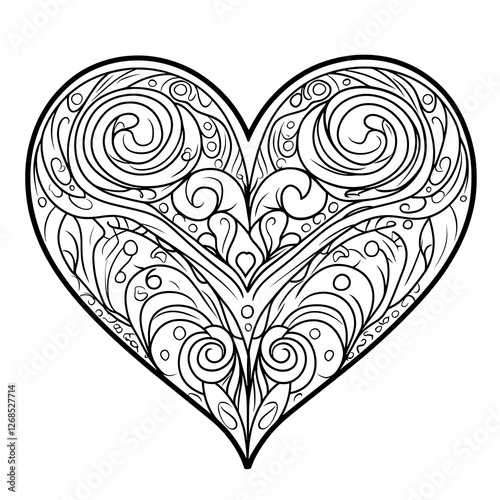 Intricate Heart Shape with Ornamental Patterns – Black and White Vector Illustration