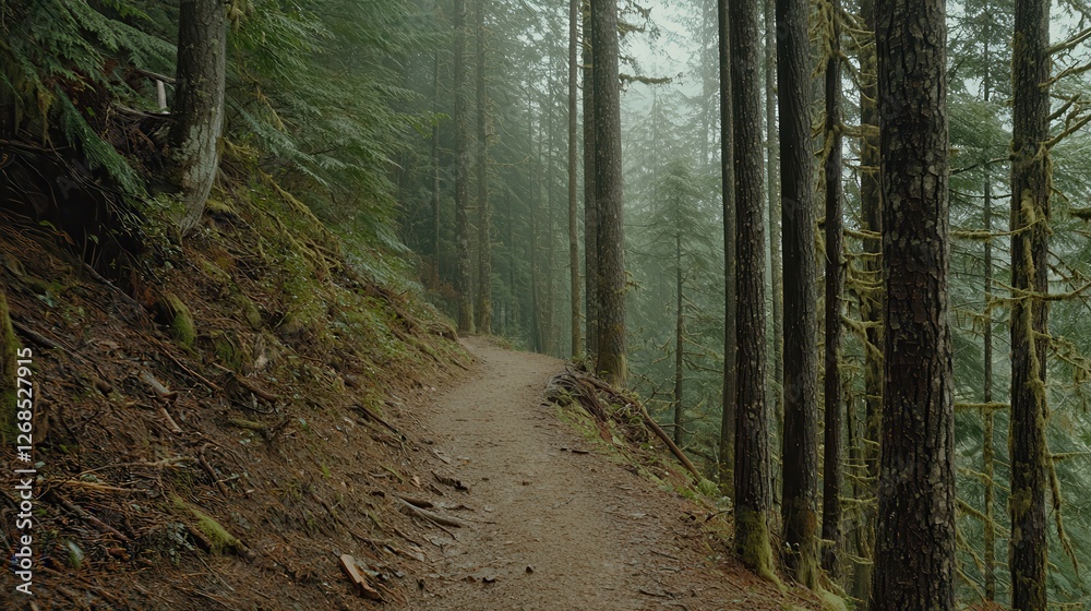 Fototapeta premium Misty Forest Trail Serene Nature Walk in Lush Woods