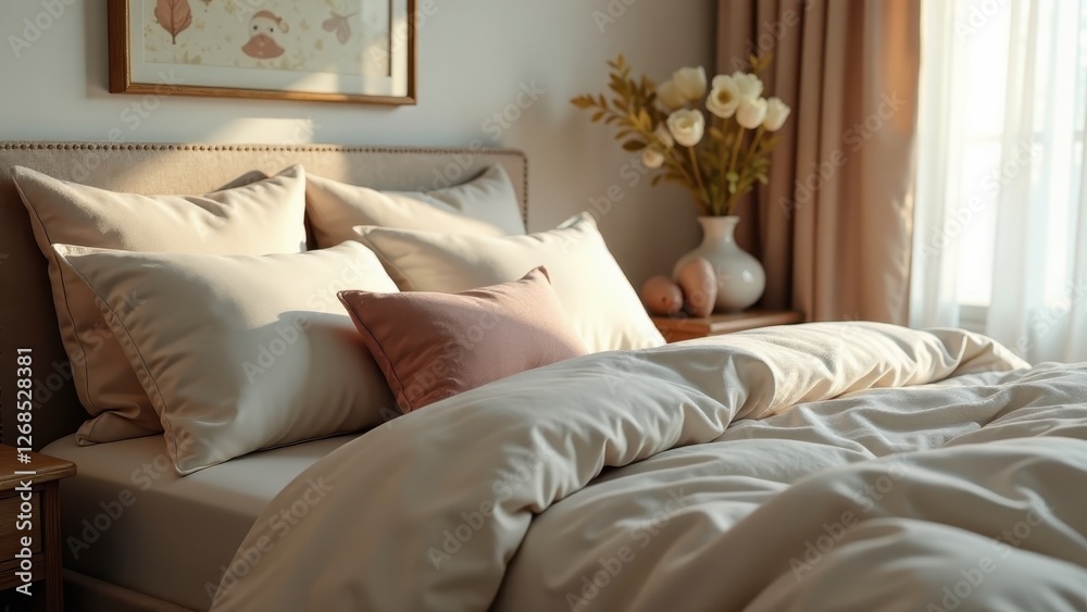 Warm sunlight illuminates a neatly made bed with soft, neutral-toned bedding and pillows Warm sunlight illuminates a neatly made bed with soft, neutral-toned bedding and pillows