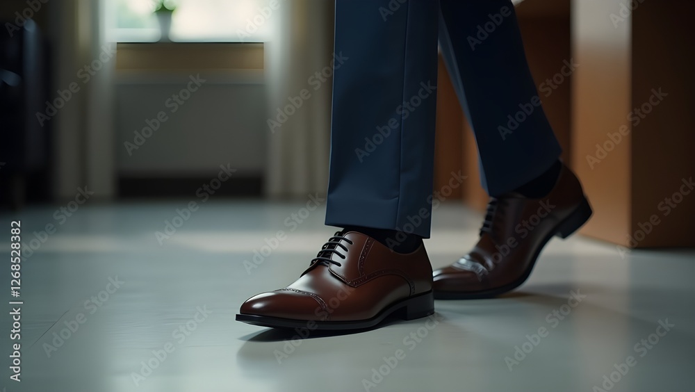 Close-Up of Businessman's Polished Leather Shoes Entering Boardroom with Confidence, Success, and Professionalism Close-Up of Businessman's Polished Leather Shoes Entering Boardroom with Confidence, Success, and Professionalism