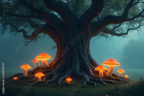 An ancient tree with gnarled roots and glowing mushrooms growing around it.  