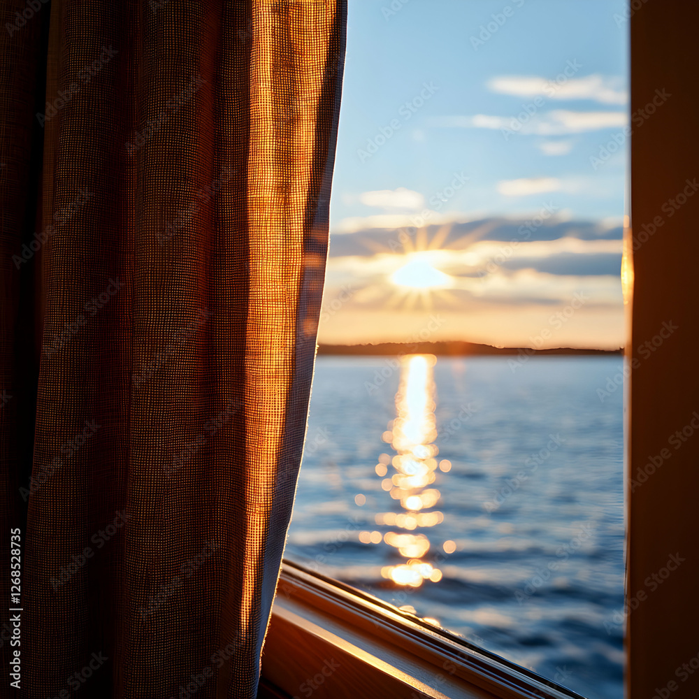 Sunset View Through a Curtain on a Lake Sunset View Through a Curtain on a Lake