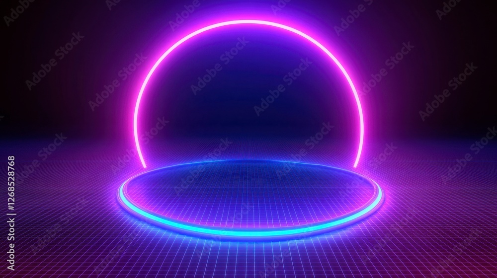 A 3D glowing circular matrix in neon purple and blue with a dark digital grid background A 3D glowing circular matrix in neon purple and blue with a dark digital grid background