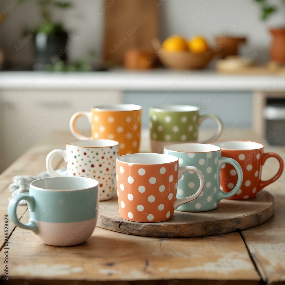 Obraz premium A group of polka dot coffee mugs sitting on top of a wooden table next to a couple of cups