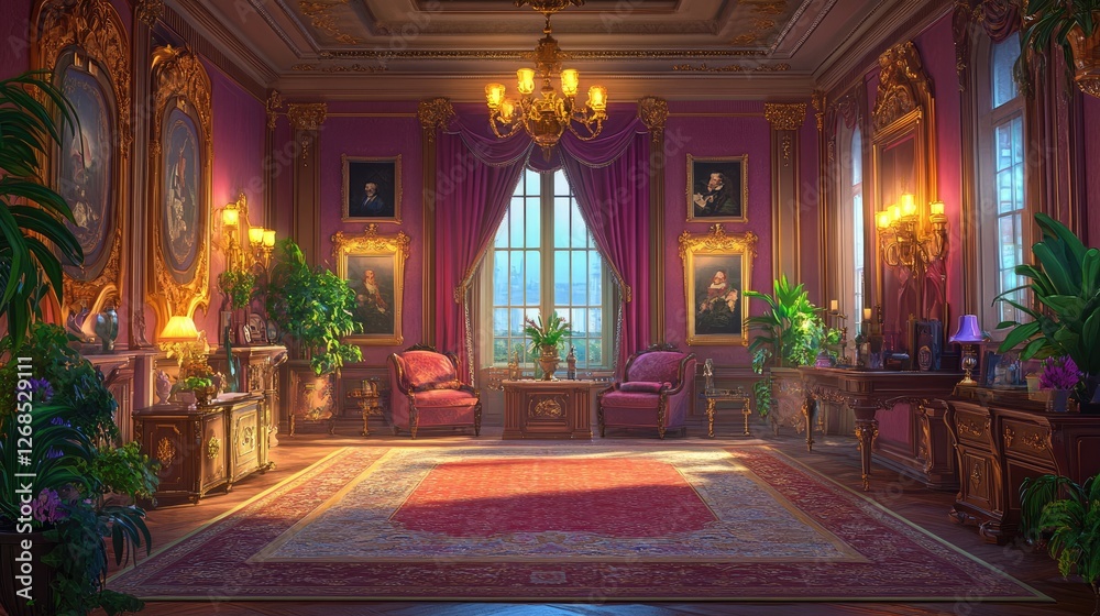 Fototapeta premium A luxurious living room with a red rug, purple wall accents, and green houseplants, creating an atmosphere of prosperity