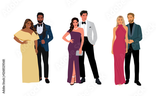 Divers of multiracial and multinational couples wearing evening formal or black tie outfits for celebration, wedding, party. Happy men and women in gorgeous luxury clothes vector illustration isolated