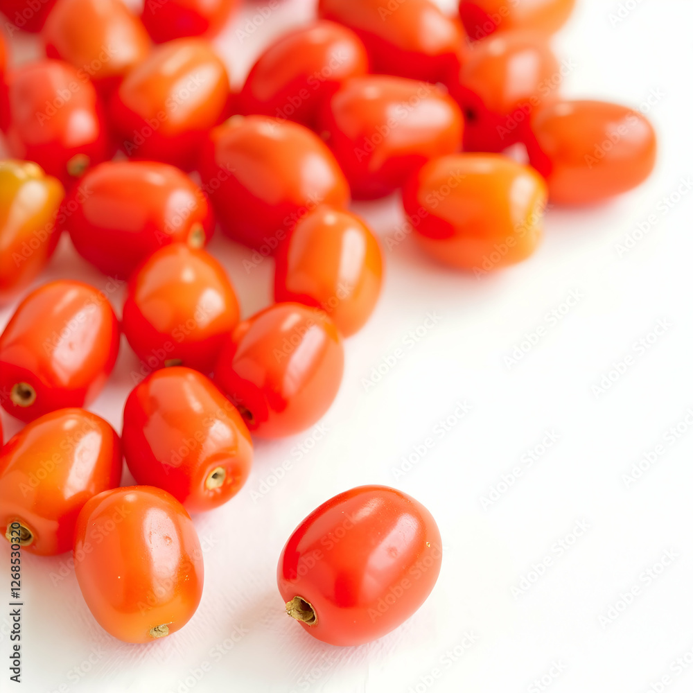 Gourmet cherry tomatoes with a glossy, plump texture, perfectly arranged in a symmetrical layout on a white background, emphasizing their fresh, organic quality in a bright, high-detail macro shot.
Gourmet cherry tomatoes with a glossy, plump texture, perfectly arranged in a symmetrical layout on a white background, emphasizing their fresh, organic quality in a bright, high-detail macro shot.