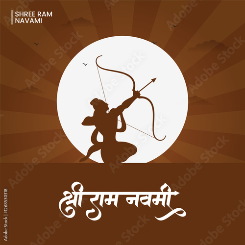 Shree Ram Navami, silhouette of Lord Ram bow arrow in Hindi text Indian Festival Social Media Banner Template Design 