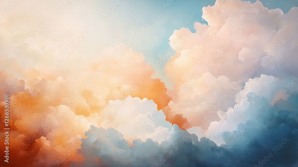 Naklejka premium A tranquil evening sky with layers of soft clouds, painted with smooth, flowing brushstrokes