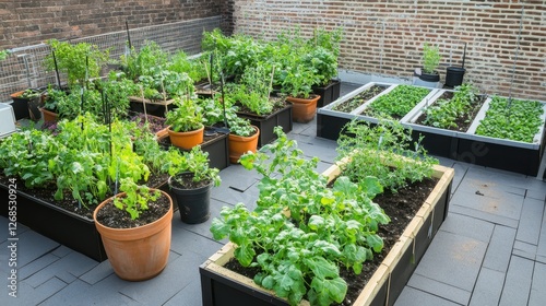 Abundant Urban Garden with Green Plants and Raised Beds in a Cozy Rooftop Space