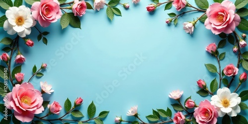 A Delicate Frame of Blooming Roses and Flowers on a Light Blue Background