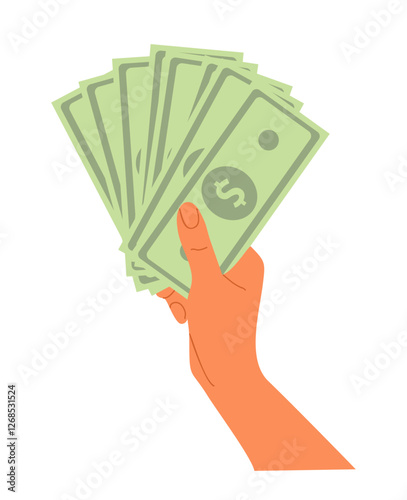 Hand holding paper money. Arm giving banknotes, paying on cash. Dollar Currency, bank notes in fingers icon. Finance, payment concept. Flat vector illustration isolated on transparent background.