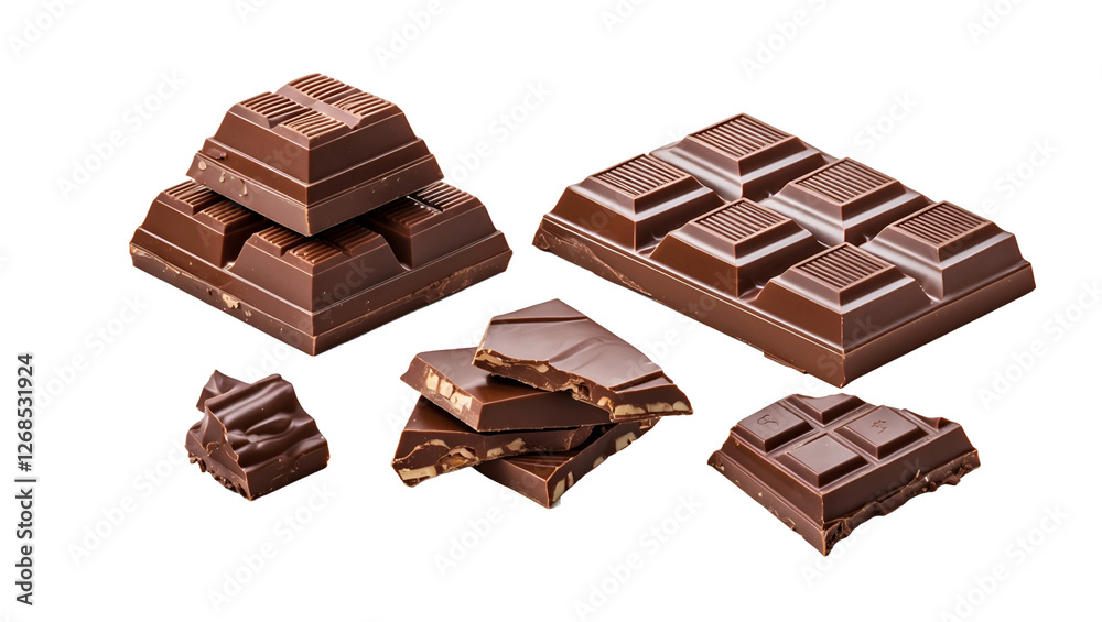 A set of chocolate bars with different textures and designs, delicious sweet treats for dessert lovers, cocoa confectionery collection A set of chocolate bars with different textures and designs, delicious sweet treats for dessert lovers, cocoa confectionery collection