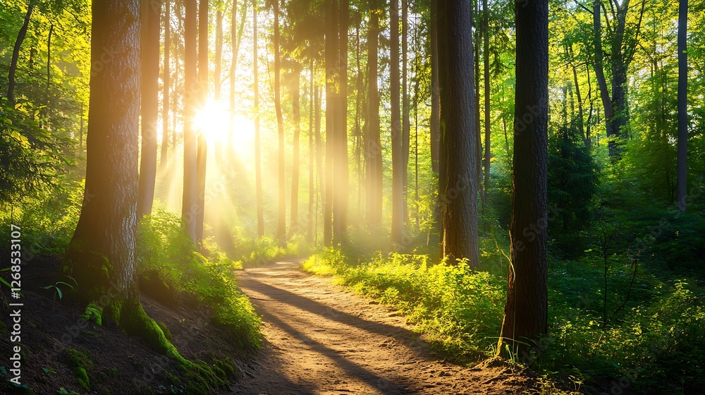 Obraz premium Sunlit Forest Path Morning Light Illuminates Trees And Trail