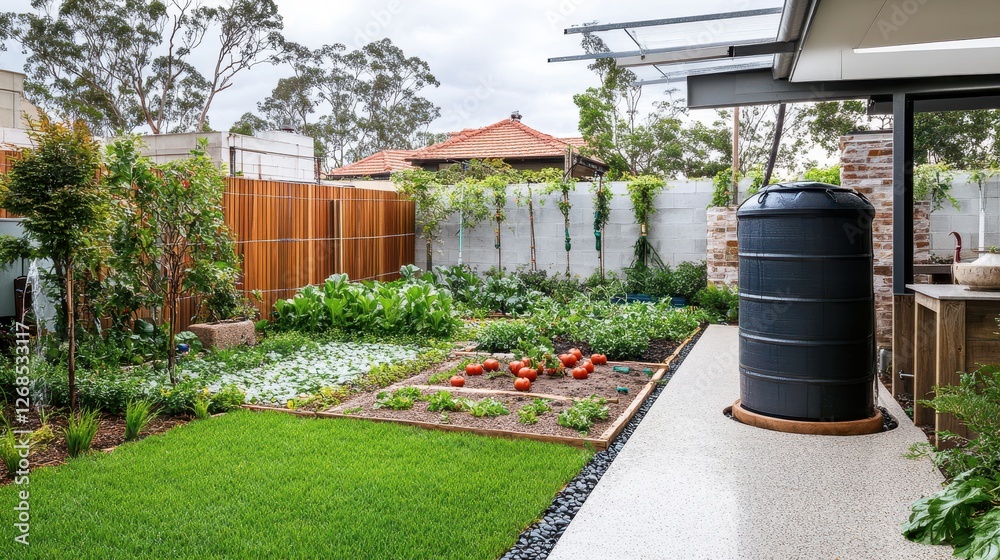Lush Vegetable Garden with Rainwater Tank in Modern Backyard Landscape Design Lush Vegetable Garden with Rainwater Tank in Modern Backyard Landscape Design