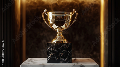 Elegant Golden Trophy on Marble Pedestal – Luxurious Award Symbol