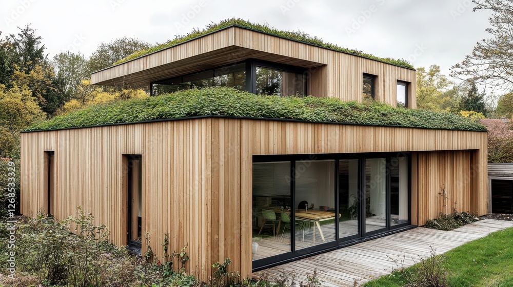 Modern Eco-Friendly House with Green Roof Surrounded by Nature in Autumn Landscape Modern Eco-Friendly House with Green Roof Surrounded by Nature in Autumn Landscape