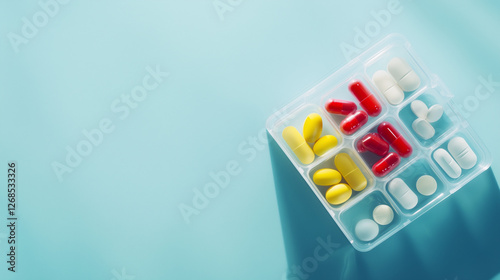  Organized Pill Box with Various Medications on Blue Background