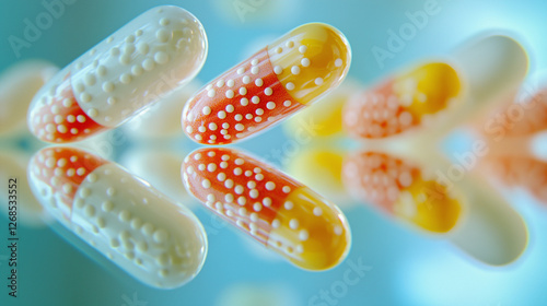 Close-Up of Medical Capsules with Microbeads on Reflective Surface