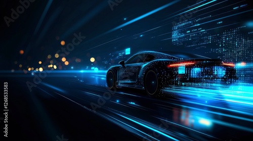 Futuristic Autonomous Vehicle Speeding Through a Digital Cityscape at Night