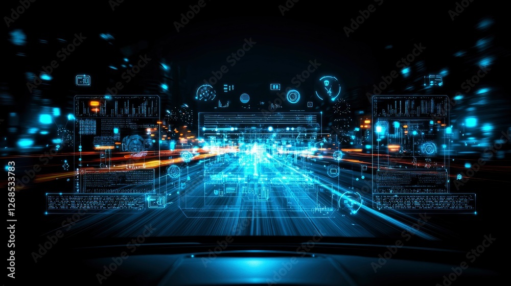 Fototapeta premium Futuristic Autonomous Vehicle Night Drive with HUD Interface