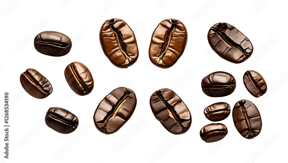 A set of coffee beans in various sizes and shapes, rich brown roasted beans isolated on a clean background, perfect for coffee-themed designs A set of coffee beans in various sizes and shapes, rich brown roasted beans isolated on a clean background, perfect for coffee-themed designs