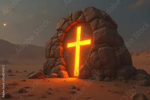A glowing ancient rune carved into a massive stone in the middle of a desert. 