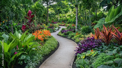 A tropical garden filled with vibrant flowers, lush green plants, and winding pathways.