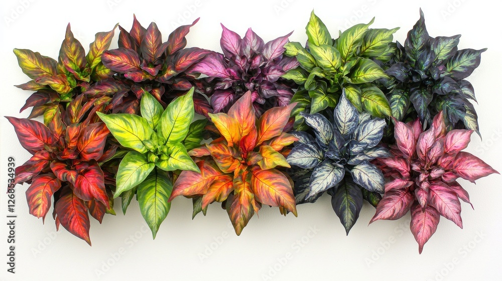 Fototapeta premium Colorful variegated plants arranged on white background