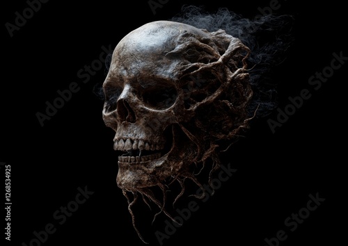 A detailed human skull emitting smoky tendrils on a pitch-black background