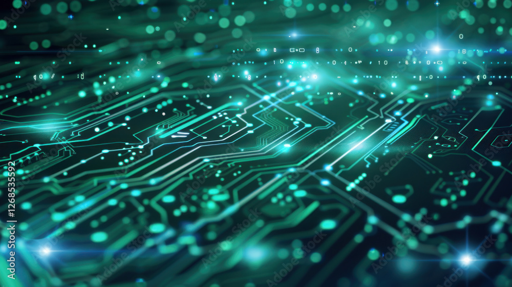 Fototapeta premium Digital circuit board with glowing lines and binary code, representing technology and innovation. vibrant green hues create futuristic atmosphere