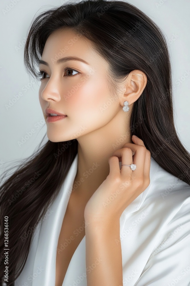 Elegant woman in white attire showcasing jewelry for fashion inspiration Elegant woman in white attire showcasing jewelry for fashion inspiration