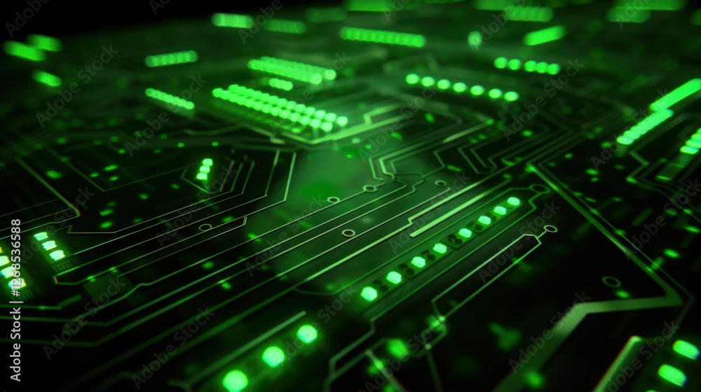 close up view of green circuit board with glowing lights, showcasing intricate patterns and connections. vibrant green color creates futuristic and technological feel close up view of green circuit board with glowing lights, showcasing intricate patterns and connections. vibrant green color creates futuristic and technological feel