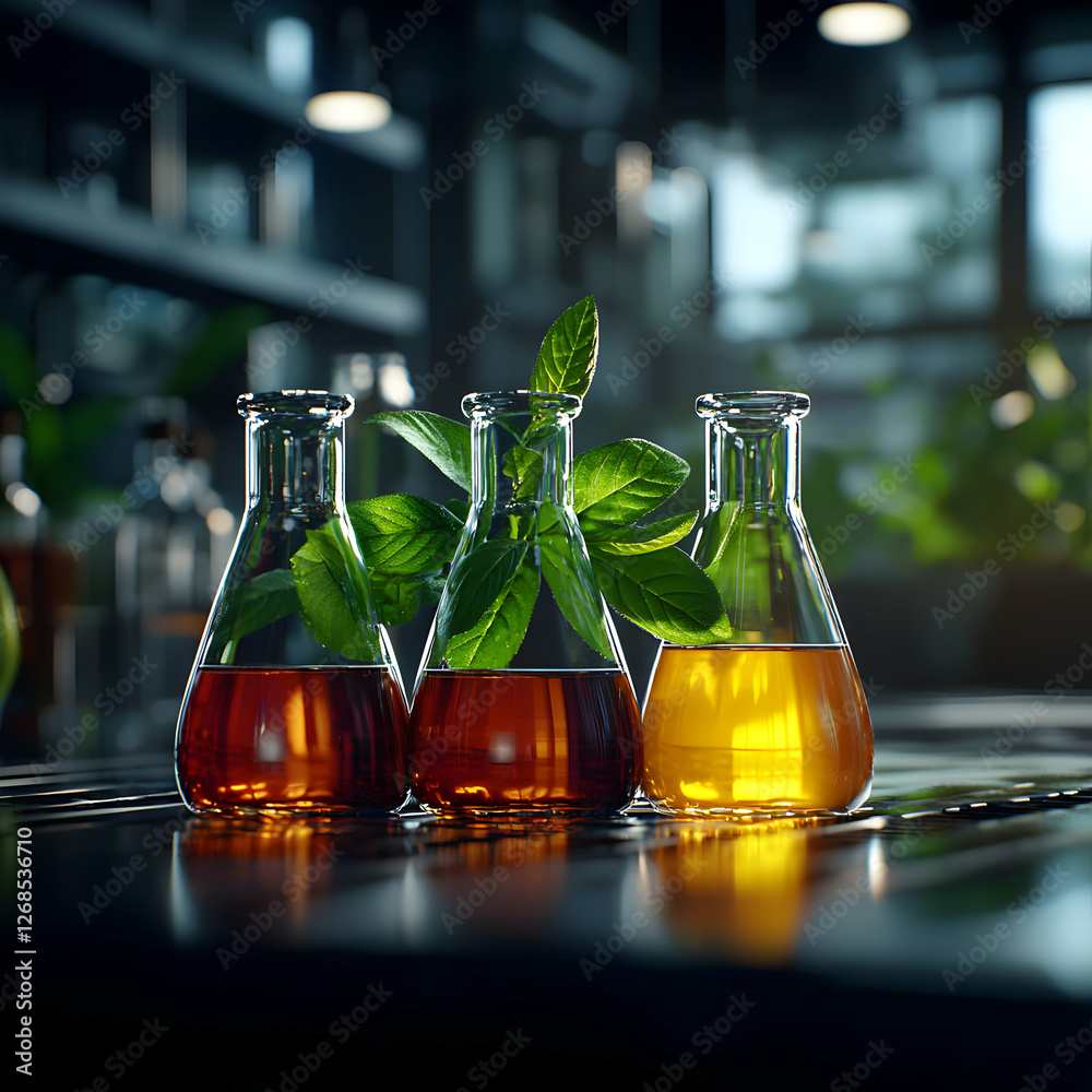 Three Erlenmeyer Flasks with Green Leaves and Colored Liquids in a Laboratory Setting